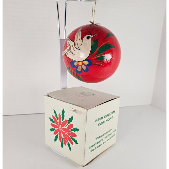 1991 Rotary Mexico Paper Mache Christmas Ornament Dove Red 3" w/ Box Holiday - Picture 5 of 14
